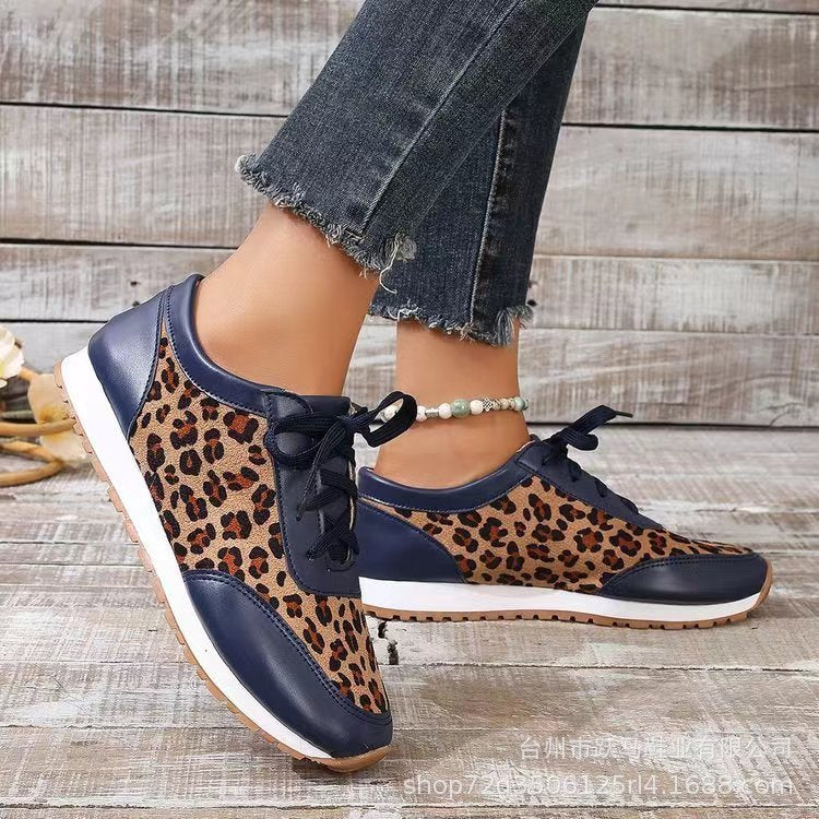 Flat Bottomed Leopard Print Lace Up Casual Sports Shoes