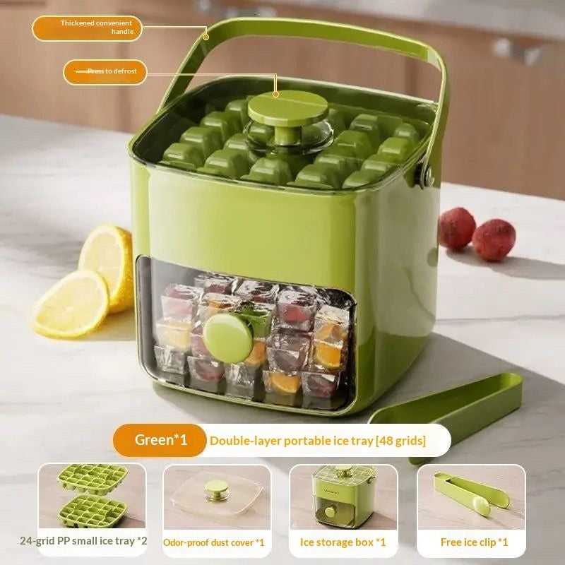 Green ice cube mold with clear storage bin, lid handle, and portable base tray