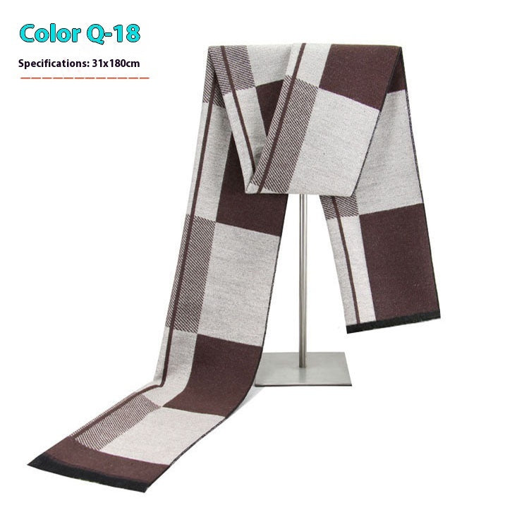 Plaid scarf with brown and white pattern on a stand against a white background