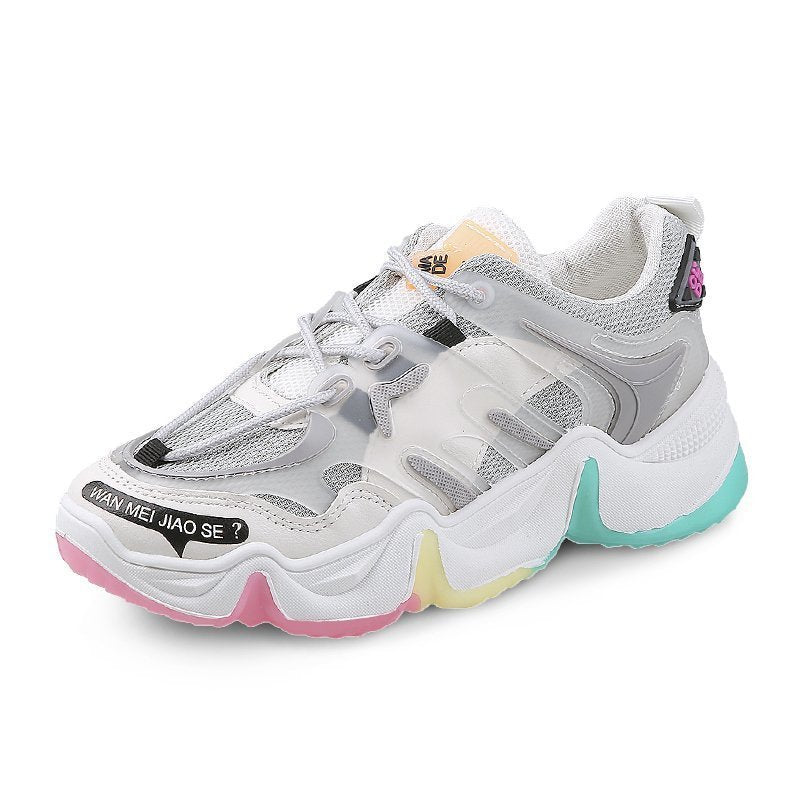 White and grey platform sneaker with teal outsole and pink midsole edge, lace-up