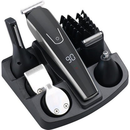Set of grooming tools including a hair trimmer, beard trimmer, and other attachments on a white background.