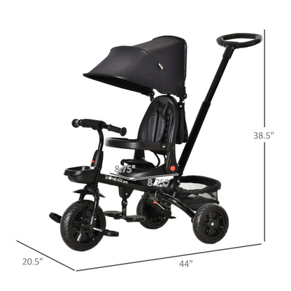 Kids 3-wheel tricycle stroller with black canopy, safety seat, and wide base wheels.