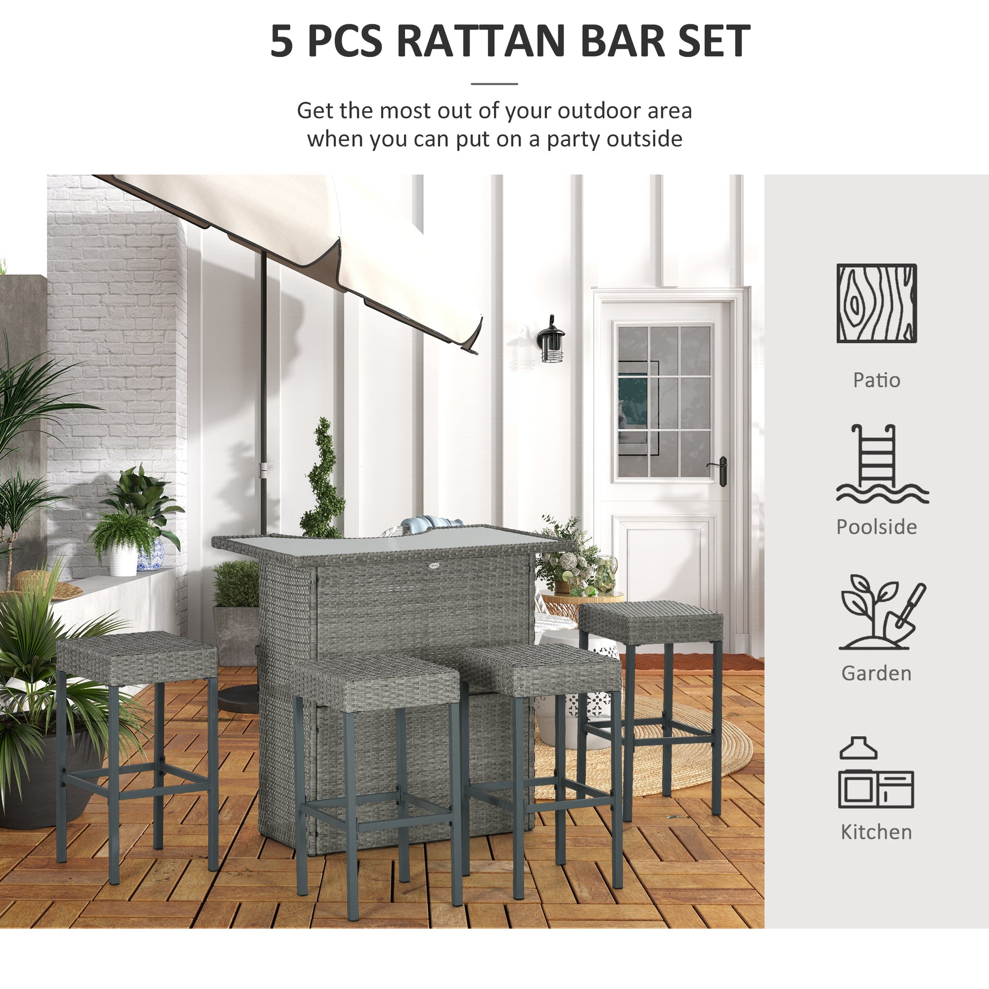 Gray rattan bar set with built-in shelf and four bar stools for outdoor patio use