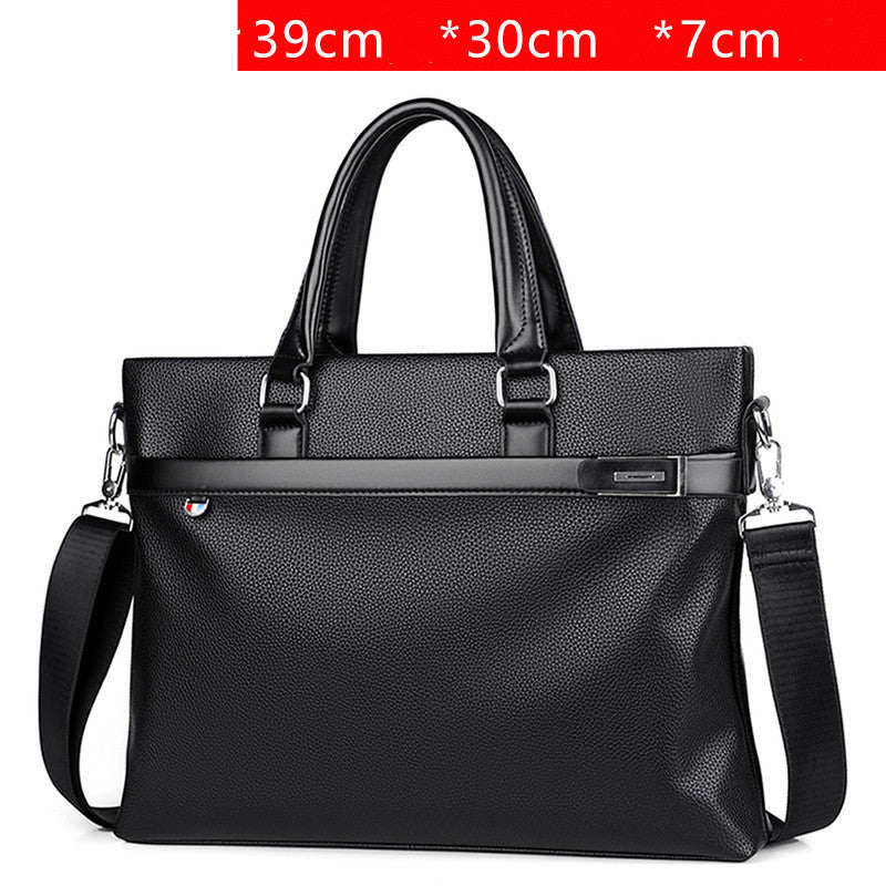 Men's soft leather briefcase, black with top handles and side shoulder straps