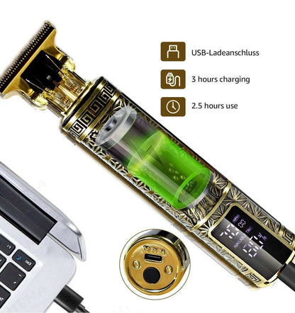 Gold cordless clipper with green charging indicator and USB charging port