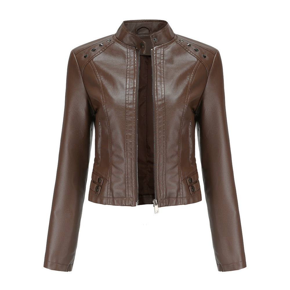 Studded Leather Women Short Jacket Long Sleeves Outerwear & Jackets | Ectron Online
