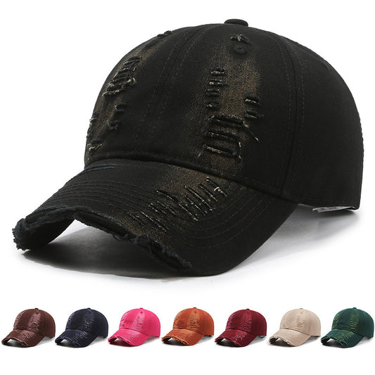 Black distressed baseball cap with color options displayed below on a white background