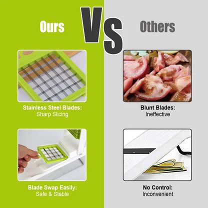 Cutting performance comparison graphic for vegetable chopper blades