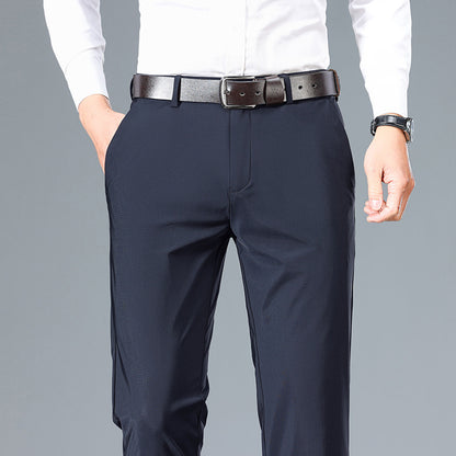 Navy men's casual pants with belt, straight front and side pockets