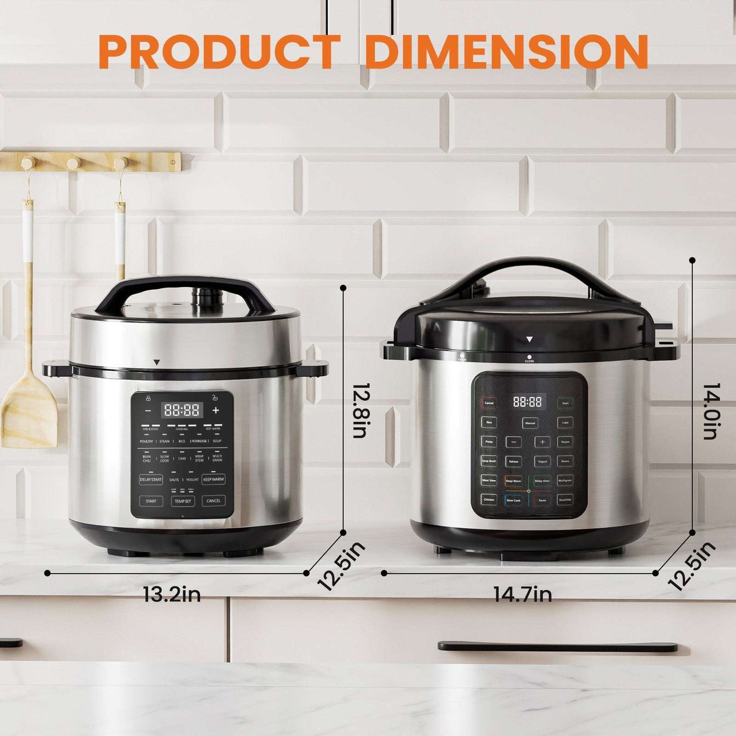Electric pressure cooker with stainless body and black lid, shown in two side-by-side views