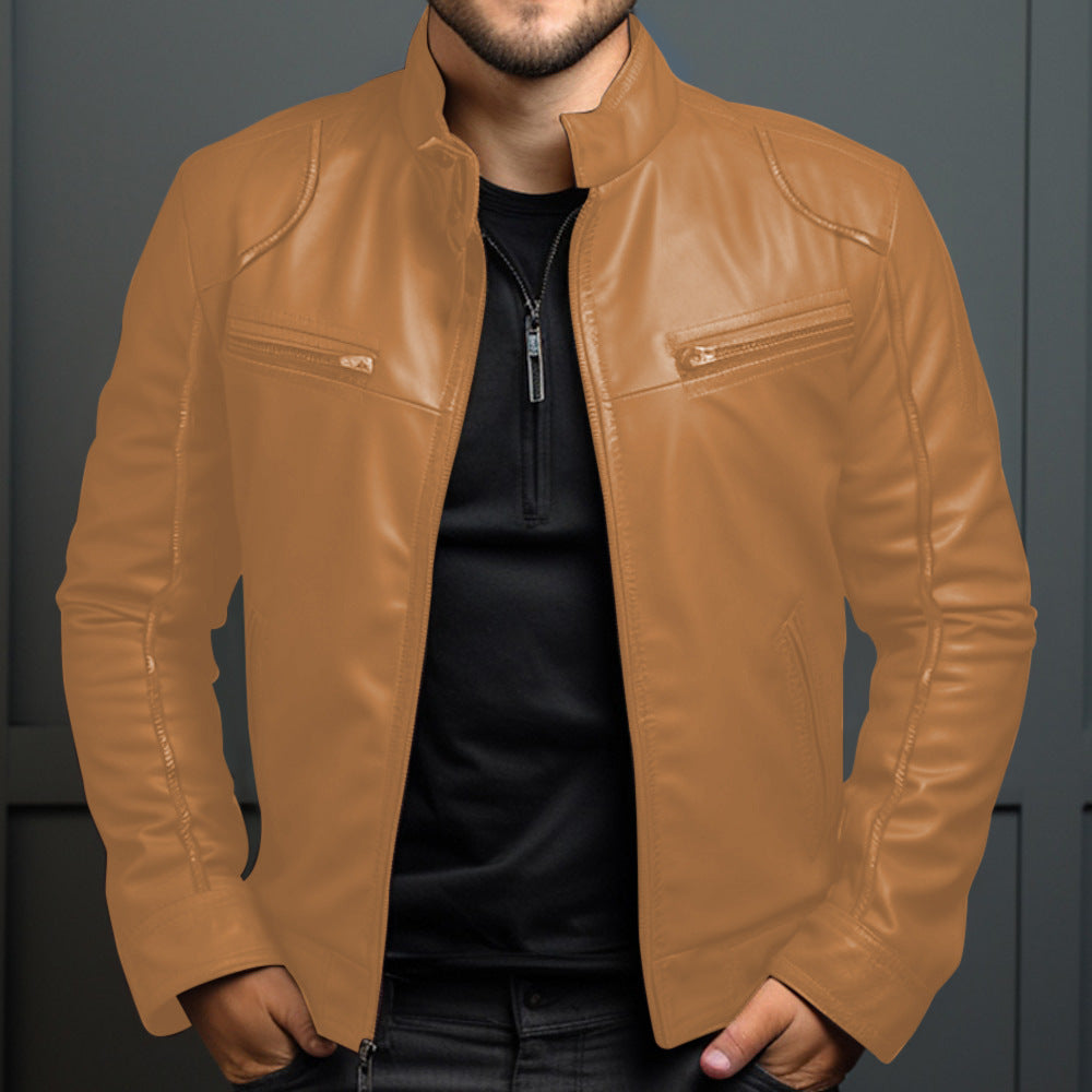 Men's Leather Motorcycle Jacket Men's Stand Collar Motorcycle Leather Ja | Ectron Online