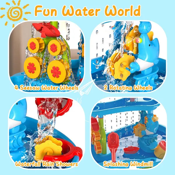 Children's water play set with various water features on a blue background.