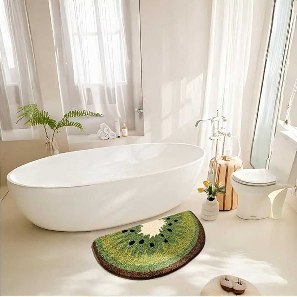 Kiwi bath mat in green with brown trim and black seed print