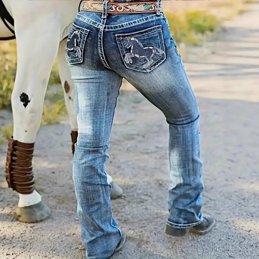 Light blue straight-leg jeans, back pockets feature embroidered horse graphic