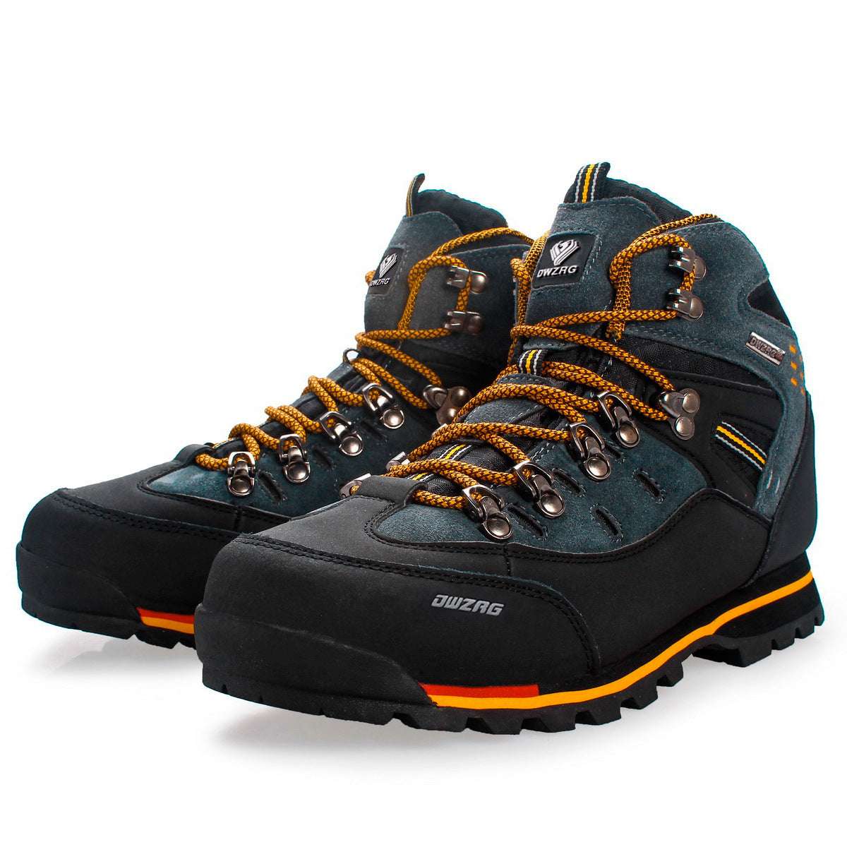 Pair of hiking boots with orange laces 