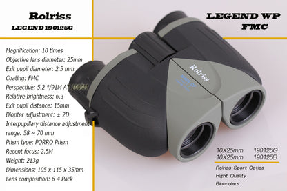 Binoculars with detailed specifications on a white background
