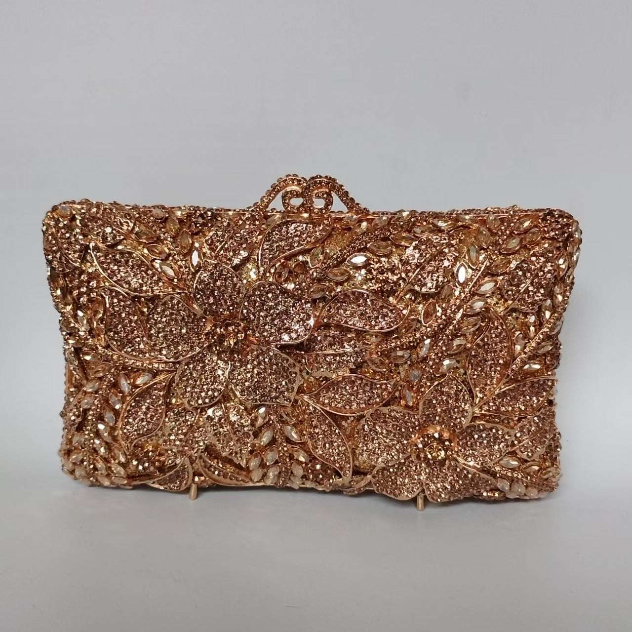 Gold rhinestone floral clutch with beaded frame and top handle