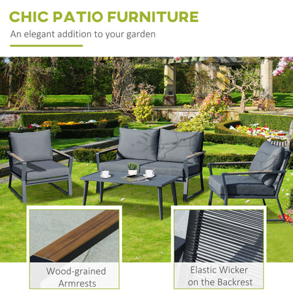 Dark grey patio conversation chairs with wood-grain armrests and woven backrest