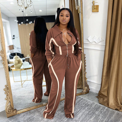 Contrast-striped two-piece cardigan set with off-shoulder cropped top and drawstring pants, brown/cream