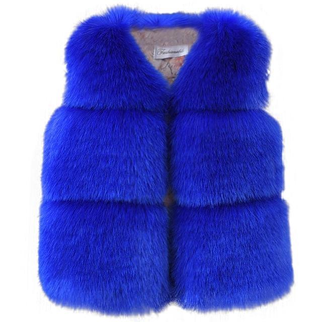Blue faux fur baby winter vest with V-neck and button front