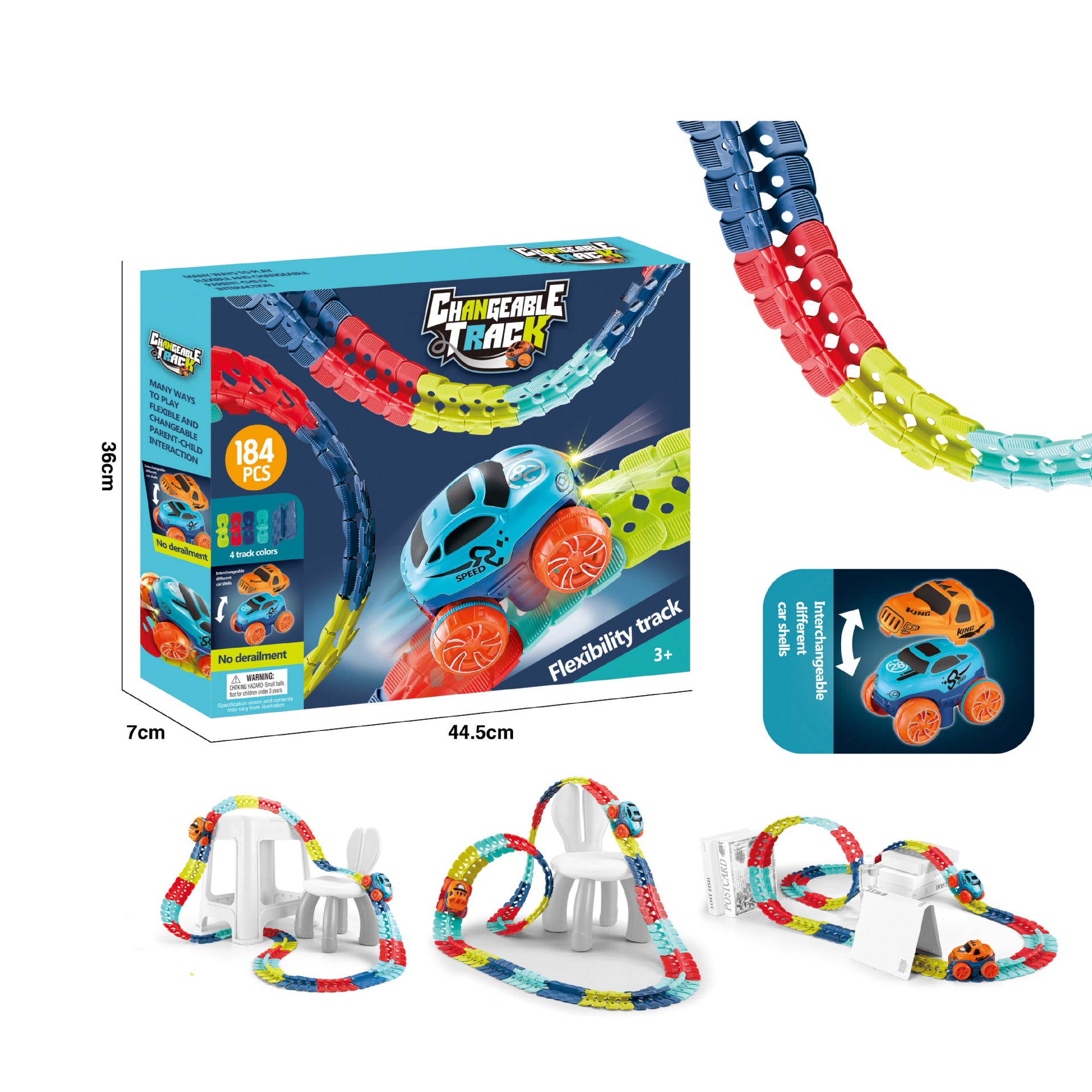 Colorful electric train track set box with flexible track loops and blue toy car