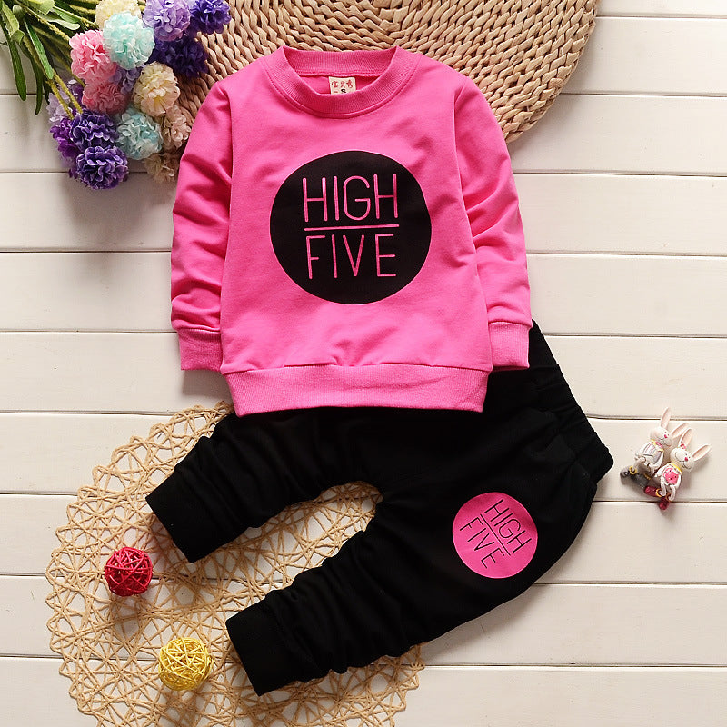 Baby girl two-piece set: bright rose sweatshirt and black pants with 'HIGH FIVE' graphic