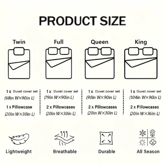 Duvet cover product size chart with Twin, Full, Queen, King icons and dimensions