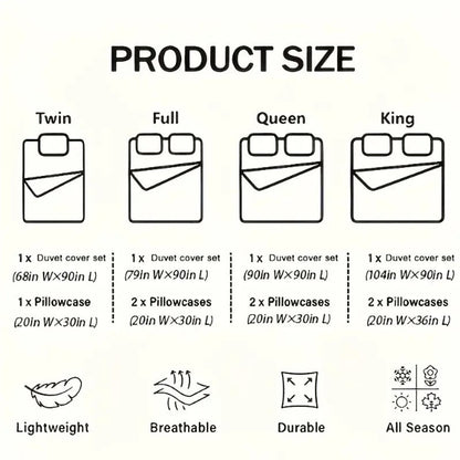Duvet cover product size chart with Twin, Full, Queen, King icons and dimensions