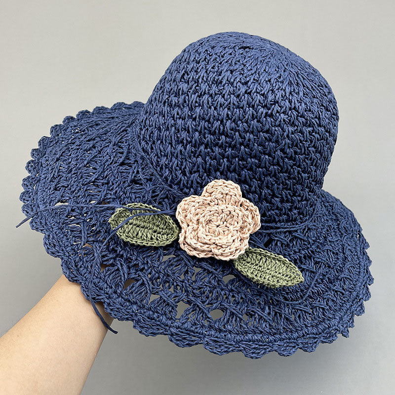 Elegant Hand-Woven Floral Straw Hat - Foldable Summer Style Hand-woven Summer Hat Straw Hat Female S | Ectron Online
