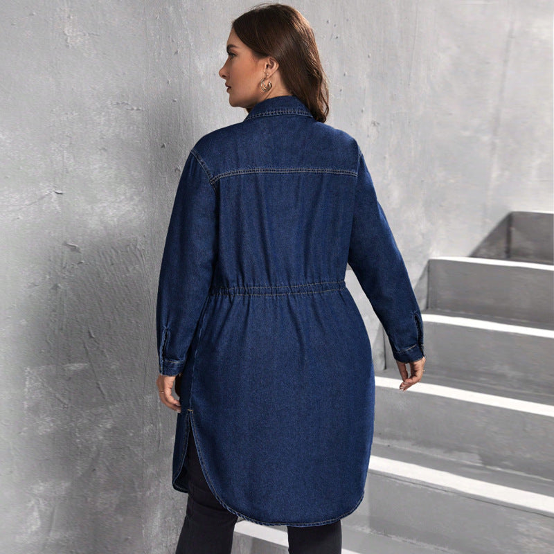 Dark blue denim blouse jacket back view with button closures and relaxed long length