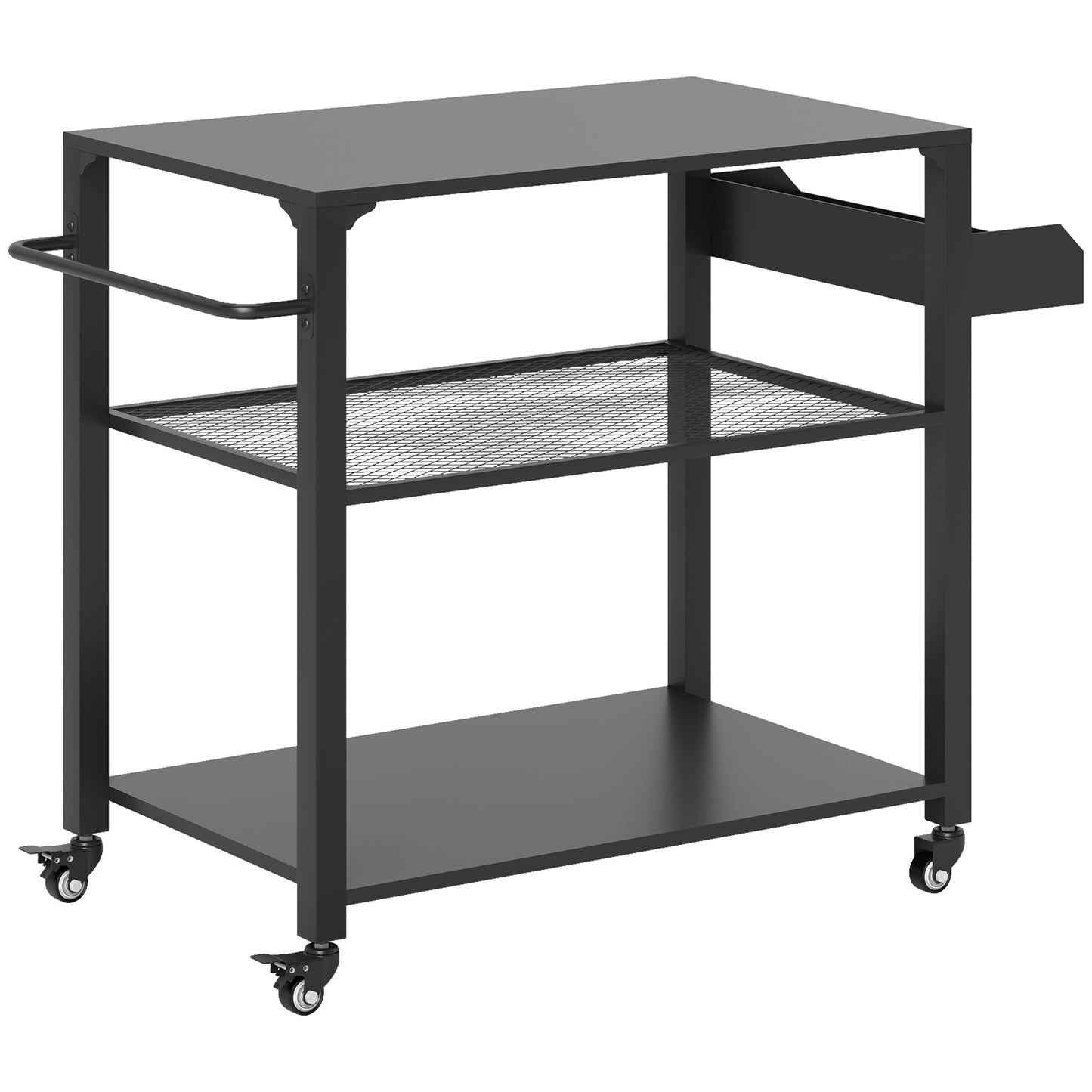 Black 3-tier grill cart with wide top, wire middle shelf, and bottom storage panel