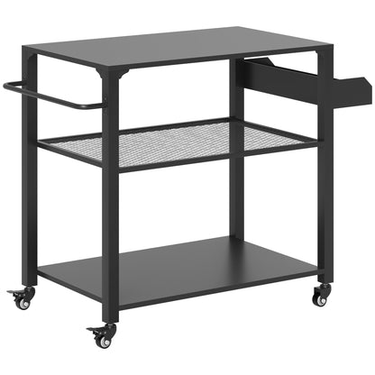 Black 3-tier grill cart with wide top, wire middle shelf, and bottom storage panel
