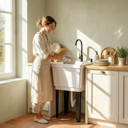 White freestanding utility sink with tall black faucet and soap dispenser, indoor setup