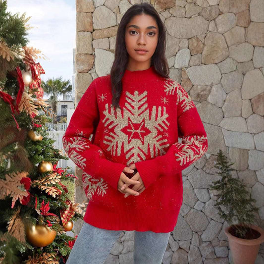 Women's Sweater Gold Thread Snowflake Half Turtleneck Jacquard Loose-fitting