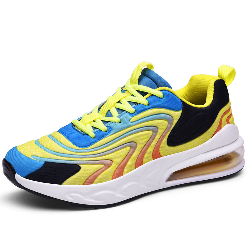 Blue and yellow lace-up air cushion sneaker with white midsole and multicolor side panels