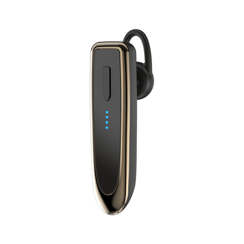Business wireless Bluetooth headset with gold-trim black body and blue status lights