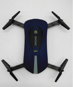 WiFi drone with dark blue body and four black propellers, front panel with power icon