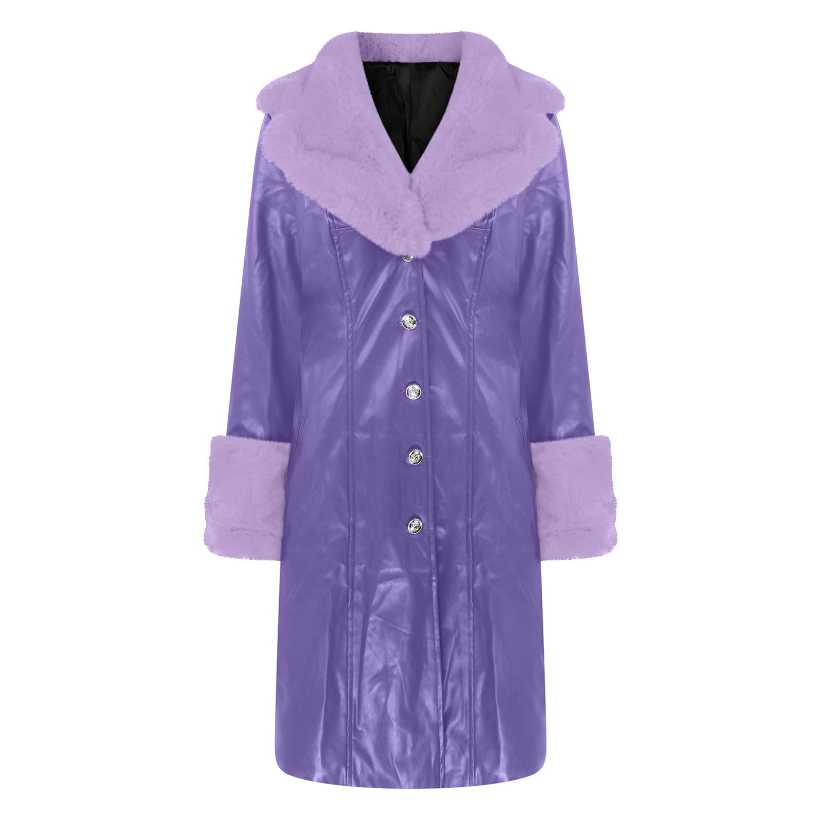 Long PU leather coat in lavender with soft faux fur collar and button-front closure