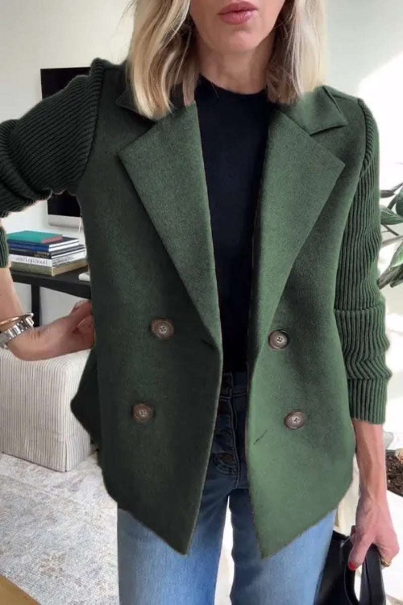 Women's Double Breasted Splicing Coat with Knitted Sleeves Double Breasted Lapel Jacket Fashion Kni | Ectron Online