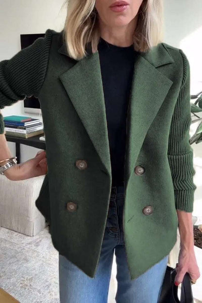 Women's Double Breasted Splicing Coat with Knitted Sleeves Double Breasted Lapel Jacket Fashion Kni | Ectron Online