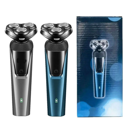 Two electric beard and nose trimmers, silver and blue, next to product box