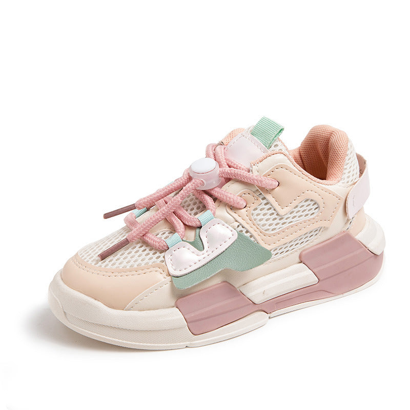 Girls' mesh sneakers in cream with pink laces and mint and tan color blocks