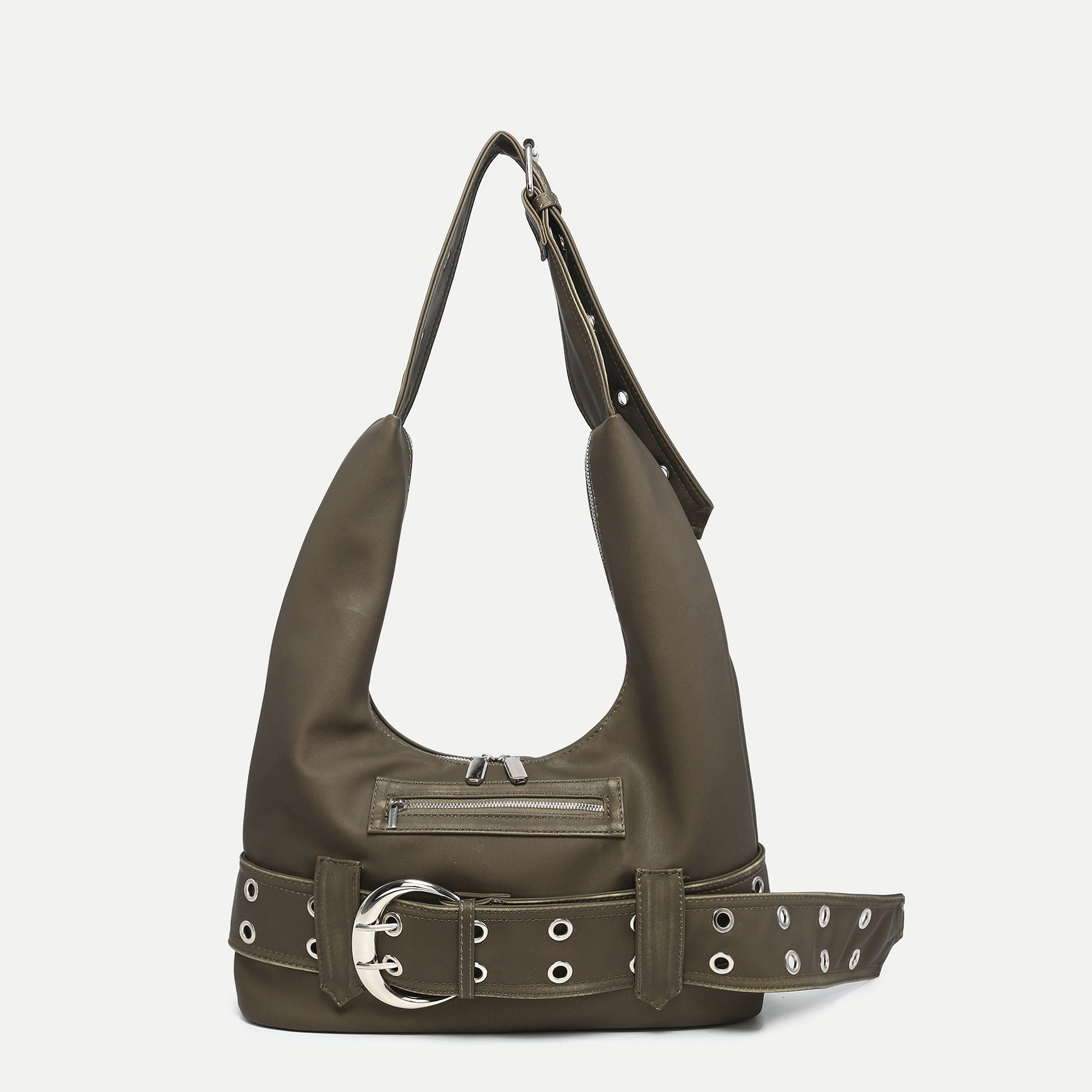 Olive leather slouch shoulder bag with front zip pouch and belt buckle strap