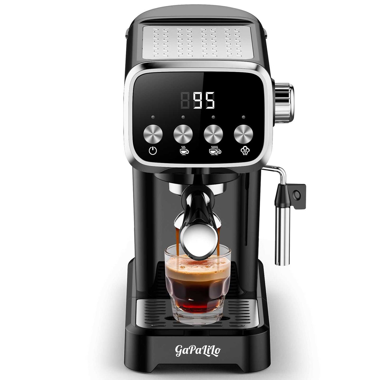 Black espresso machine with stainless top panel, LCD controls, and frother above cup.