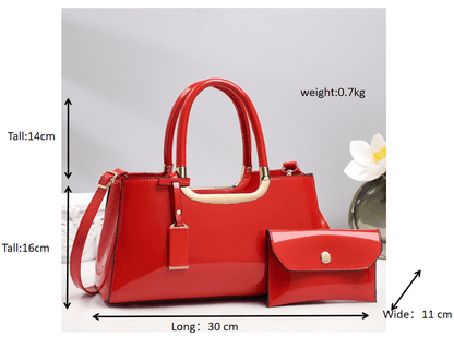 Red hobo shoulder bag with matching wallet pouch, with printed size measurement lines