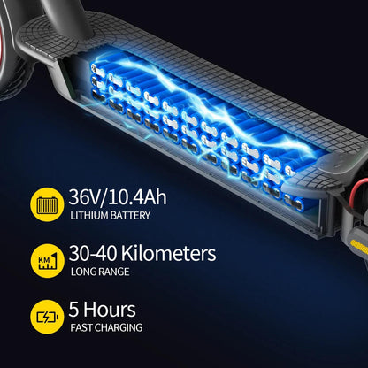 Electric scooter foot deck with glowing blue battery indicator lighting
