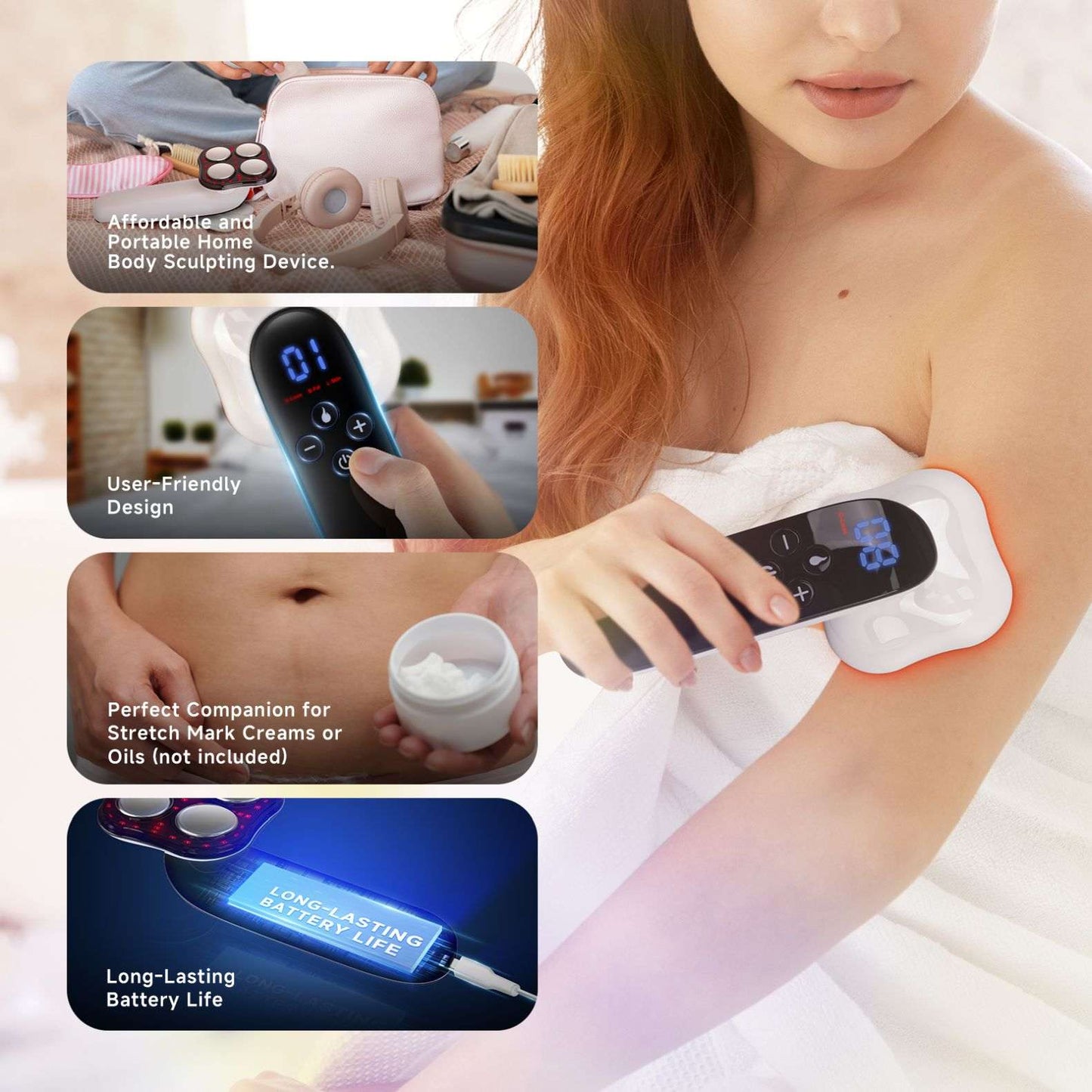 Handheld electric massager on upper body with blue-lit display and control buttons