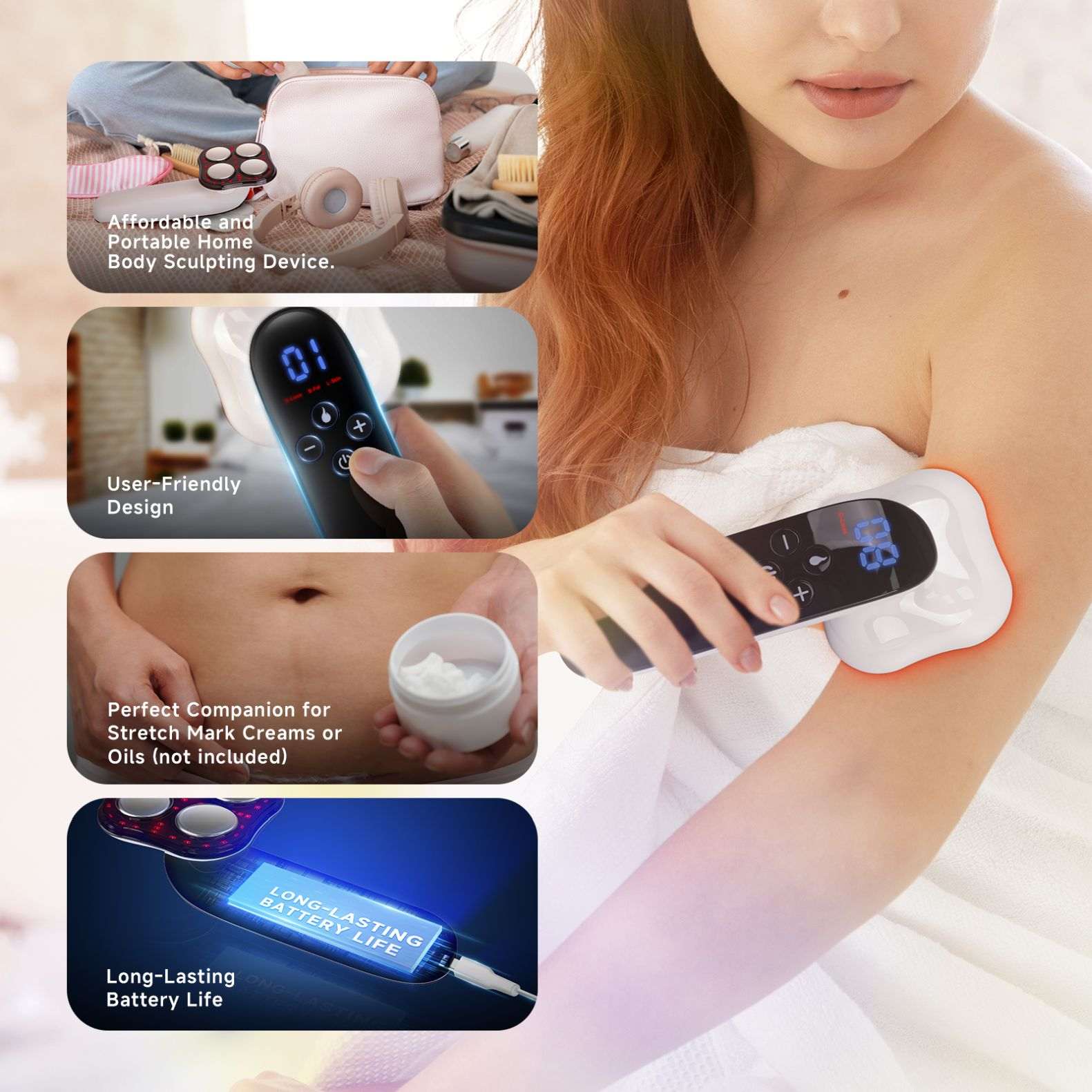 Handheld electric massager on upper body with blue-lit display and control buttons