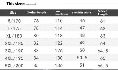 Size chart for clothes with measurements including length, chest circumference, shoulder width, and sleeve length.