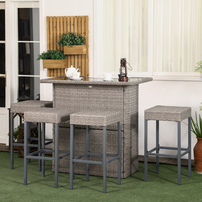 Gray rattan bar set with high table and four bar stools in textured weave